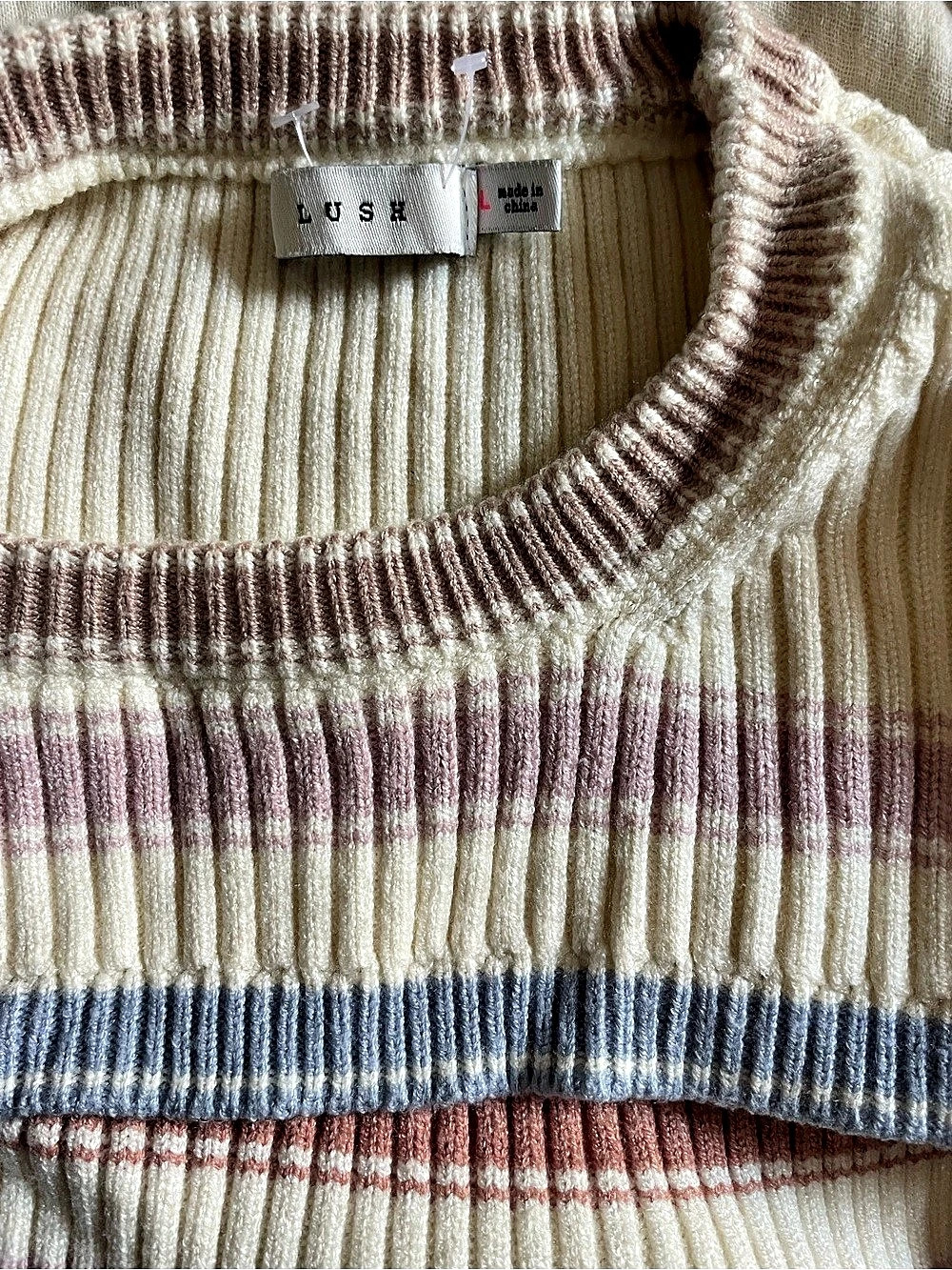 LUSH Women's Striped Cutout Sweater in Cream & Pink Like New